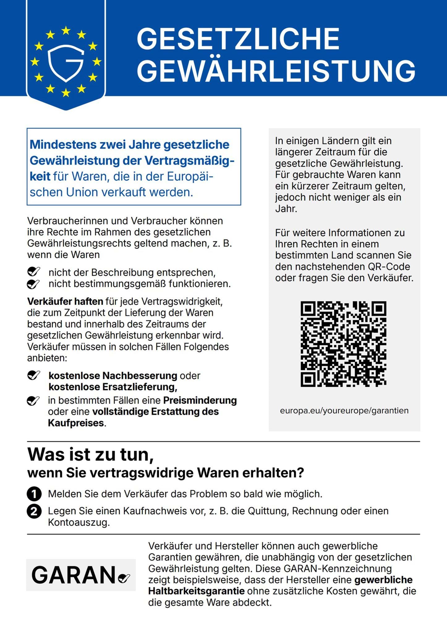 European Union information sheet on the statutory warranty: at least two years of statutory warranty of conformity for goods sold in the European Union